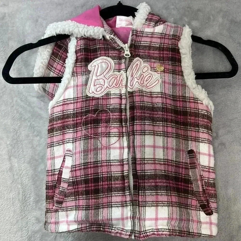 Vintage Barbie Plaid Full Zip Hoodie Vest Hearts Pockets Girls Sz 6